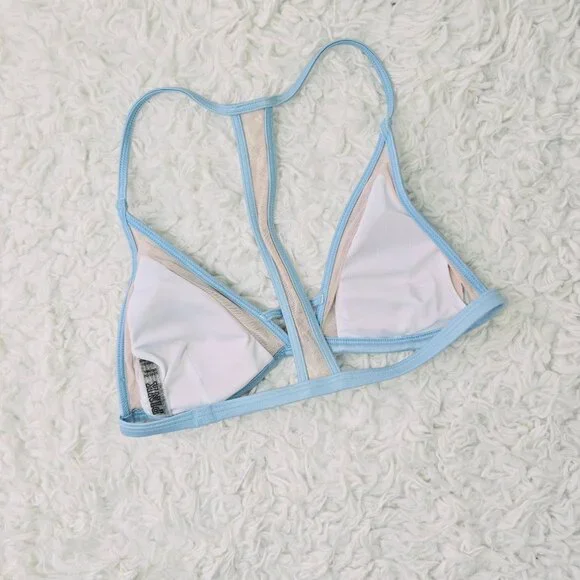 PINK Victoria's Secret Swim Bikini Top Small Blue Mesh Trim T Back Triangle - Picture 2 of 3